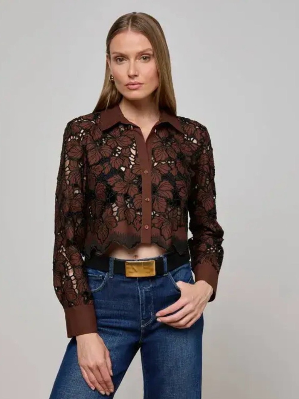 L’Agence Seychelle Brown Floral Lace Button-Front Blouse size L